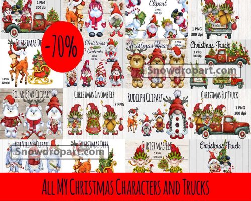 103 Christmas Watercolor Gnomes And Trucks Png Bundle