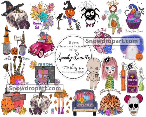 21 Halloween Spooky Png Bundle, Halloween Png, Watercolor