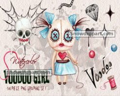 14 Halloween Watercolor Voodoo Girl Png Bundle, Halloween Png