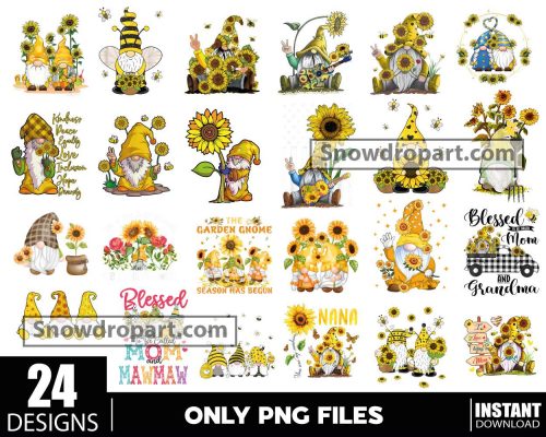 24 Gnome Sunflower Png Bundle, Honey Bee Gnome Png