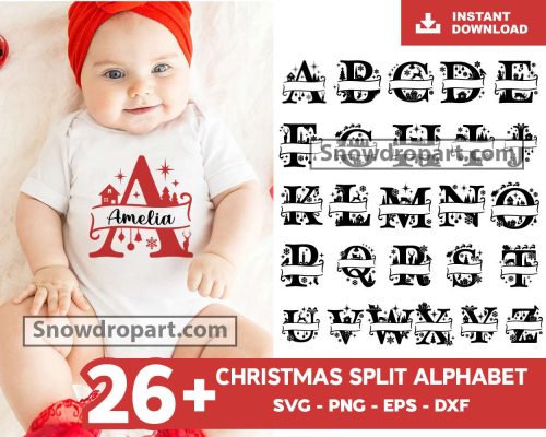 26 Christmas Split Alphabet Svg Bundle, Christmas Letters