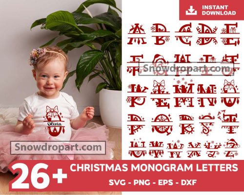 26 Christmas Monogram Svg Bundle, Christmas Split Svg