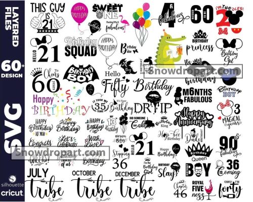 60 Happy Birthday Svg Bundle, Cake Topper Svg, Birthday Svg