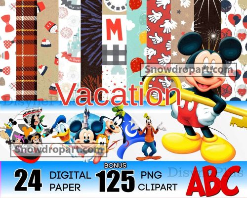 24 Family Vacation Digital Paper Bundle, Mickey Trip Png